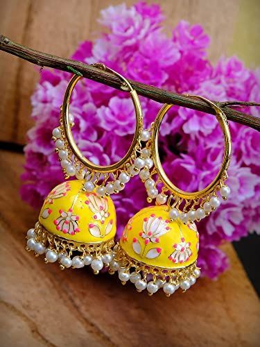 Crunchy Fashion, Hoop Jhumka, Jewellery Traditional, Fancy Jewellery Designs, Jhumki Earrings, Bollywood Jewelry, Wedding Party Jewelry, Yellow Earrings, Fancy Jewellery