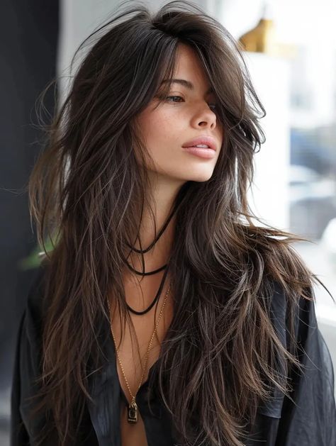 Waist Length Shag Haircut, Long Shag Haircut With Side Part, Long Shag Side Part, Long Shag For Fine Hair, Shag Side Part, Long Shag Haircut Straight Hair, Side Part Shag Haircut, Curly To Straight Hair, Shag Haircut Ideas