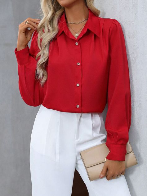 Women's Solid Color Front Button Long Sleeve Casual Shirt Red Casual  Extra-Long Sleeve Woven Fabric Plain Shirt Non-Stretch  Women Clothing, size features are:Bust: ,Length: ,Sleeve Length: Lantern Sleeved Blouses, Casual Shirt Women, Button Long Sleeve, Plain Shirt, Extra Long Sleeves, Floral Print Shirt, Plain Shirts, Elegant Dresses Long, Women Blouses