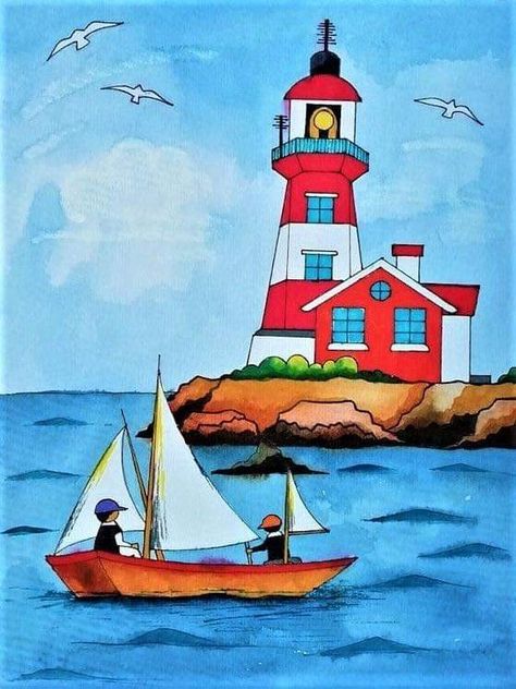 Light House Drawing, Nature Drawing For Kids, House Medium, Scenery Drawing For Kids, Watercolor Pens, Oil Pastel Drawings Easy, Art Kits For Kids, Nature Art Drawings, Kids Watercolor