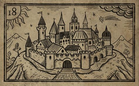 Medieval Gothic Art, Medieval Linocut, Medieval Drawings Sketch, Medieval Woodcut Art, Medieval Comic, Medieval Woodcut, Castle Tattoo, Medieval Drawings, Medieval Tattoo