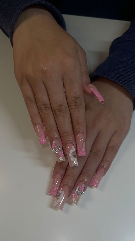 Pink sugar french tips with butterflys and 3D flower Pink French Tip Nails With Butterflies, Pink French With Design, Pink 3d Flower Nails Short, Pink Nails With Butterfly Design, Sugar French Tip Nails, Nails With Butterflies And Flowers, Hot Pink Butterfly Nails, Pink And White Birthday Nails, Glitter Pink French Tip Nails