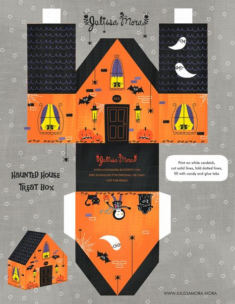 Free Haunted House Treat Box Printable Silly Pumpkins, Paper Dollhouse, Drawing Halloween, Imprimibles Halloween, Halloween Box, Halloween Downloads, Dulces Halloween, Halloween Paper Crafts, Casa Halloween