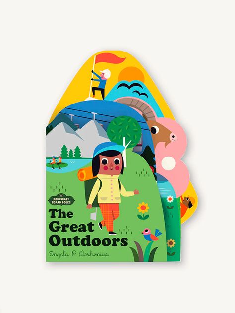 Gear up for baby's first wilderness adventure with this adorable board book all about the great outdoors! Hike beside mountain lakes, pedal down rocky hillsides, and swoop across snowy ski slopes in this one-of-a-kind board book by celebrated illustrator Ingela P Arrhenius. Each uniquely shaped page overlaps with the next to create a complete landscape when closed—and an immersive world to explore when open. Simple text and vibrant illustrations introduce babies and toddlers to the many ways of Unique Book Design, Picture Book Illustration, Preschool Resources, Mountain Illustration, Mountain Lakes, Beloved Book, Ski Slopes, Experiential Learning, Chronicle Books