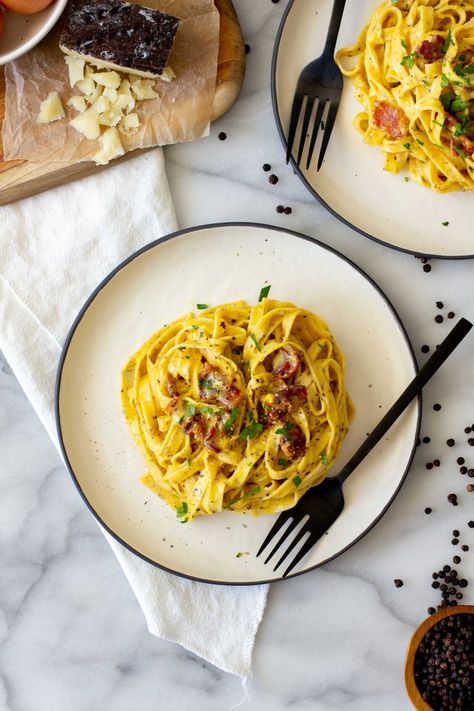 Cracked Black Pepper Fettuccine Carbonara | Nuovo Pasta Fettucini Carbonara, Fettuccine Carbonara, Pasta Carbonara Recipe, Uncured Bacon, Carbonara Recipe, Pasta Carbonara, Pecorino Cheese, Carbonara Pasta, Taste Of Home