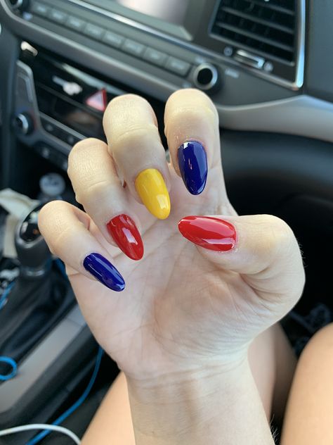 Multi Color Almond Nails, Multi Colored Nails Almond, Primary Colors Nails, Almond Nails Multicolor Tips, Almond Shape Rainbow Nails, Primary Color Nails, Multicolored Nails, Almond Nail, Nail Shapes