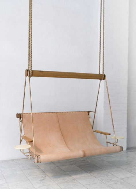 Hanging Chair Indoor, Hanging Beds, Indoor Swing, Polished Wood, Swing Design, Bronze Frame, Swing Chair, Boutique Interior, Sling Chair