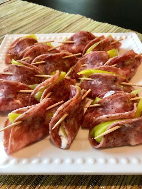 Salami, Cream Cheese, and Pepperoncini Roll-Ups #SundaySupper - Positively Stacey Salami Cream Cheese, Salami Rolls, Pepperoni Bread, Honey Shrimp, Cream Cheese Roll Up, Cream Cheese Rolls, No Cook Appetizers, Pumpkin Pasta, Best Party Food