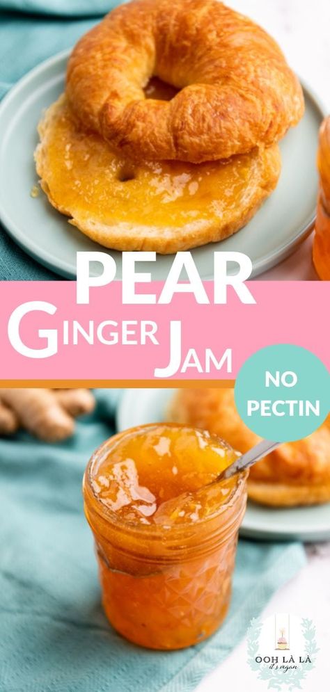 Get cozy into the season with this Pear Ginger Jam made with only 4 ingredients and no pectin. This small batch pear ginger jam recipe is super easy to make and pairs well with vegan toast, vegan muffins, vegan pancakes, and any kind of vegan bread. Pear Jam Recipe, Pepper Jellies, Small Batch Jam, Canned Recipes, Vegan Toast, Easy Jam Recipe, Vegan Breakfast Recipes Easy, Rich Tea Biscuits, Traditional Thanksgiving Recipes