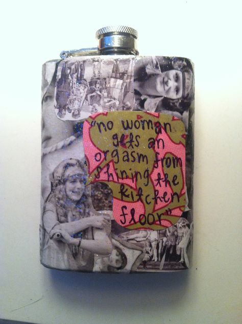 stainless steel flask with vintage girls using sparkle mod podge #feminist #feminism #flask Flask Designs Diy, Flask Ideas Diy, Bling Flask Diy, Bedazzled Flask, Rhinestone Flask, Hip Flask Ideas, Funny Flasks, Flask Design, Custom Flask