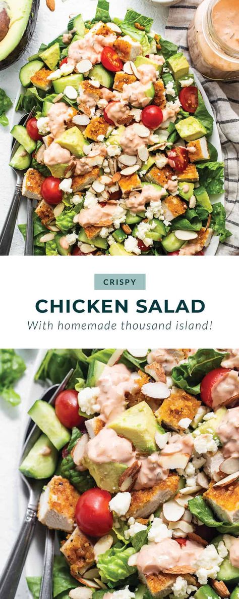 Perfectly Crispy Chicken Salad - Fit Foodie Finds Crispy Chicken Salad, Crispy Chicken Salads, Grilled Buffalo Chicken, Fit Foodie Finds, Bbq Chicken Salad, Thousand Island, Thousand Island Dressing, Fit Foodie, Hearty Salads