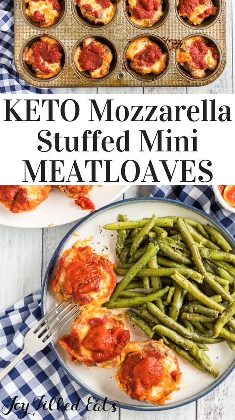 Muffin Tin Meatloaves - Low Carb, Keto, Grain-Free, Gluten-Free, THM S - Muffin tin meatloaves are one of the best things I have eaten in a long time! They are so much faster to make than traditional meatloaf. Plus, they are so juicy and packed with flavors you won't forget. #lowcarb #lowcarbrecipes #lowcarbdiet #keto #ketorecipes #ketodiet #thm #trimhealthymama #glutenfree #grainfree #glutenfreerecipes #recipes #comfortfood #easy #dinner #maincourse #italian #mozzarella #meatloaf Mozzarella Meatloaf, Italian Mozzarella, Traditional Meatloaf, Mini Meatloaves, Low Carb Low Fat Recipes, Low Carb Muffins, Boiled Egg Diet Plan, Diet Recipes Easy, No Carb Recipes