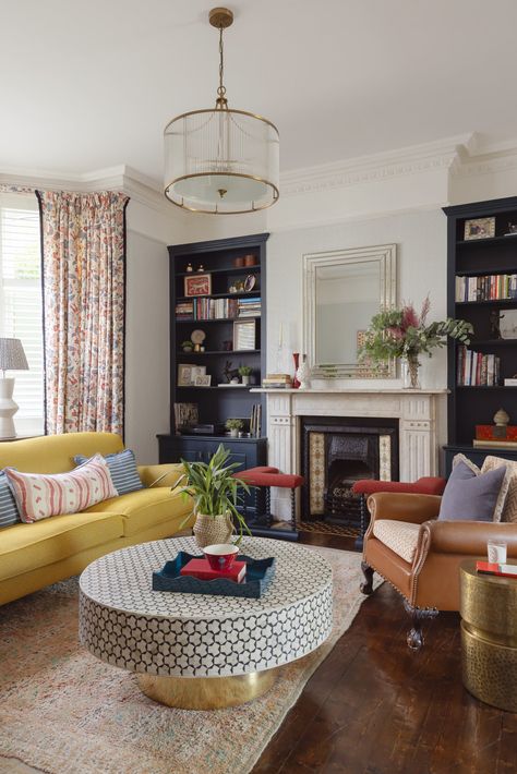 Anthro Inspired Living Room, Colorful Cottagecore Living Room, Anthropologie Living Room Inspiration, Brownstone Decor, Family Home Aesthetic, Anthropologie Living Room, Cottagecore Maximalist, Family Interior Design, Cottagecore Living Room