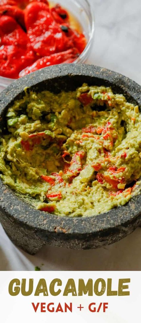 Healthy Guacamole with Roasted Peppers and Cumin - A refreshing take on an old favorite.  You'll love dipping into this smokey and rich ultra healthy guacamole.  This recipe has only 5 ingredients and a few minutes to make You can enjoy it as a side dish or load it on top of salads.  There are endless ways to enjoy this creamy and healthy guacamole recipe. #avocados #roastedpeppers #vegan #guacamole #guacamolerecipe #avocadorecipe #veganrecipe Healthy Guacamole Recipe, Vegan Guacamole, Healthy Guacamole, Authentic Guacamole Recipe, Best Guacamole, How To Make Guacamole, Raw Foods, Guacamole Recipe, Roasted Peppers