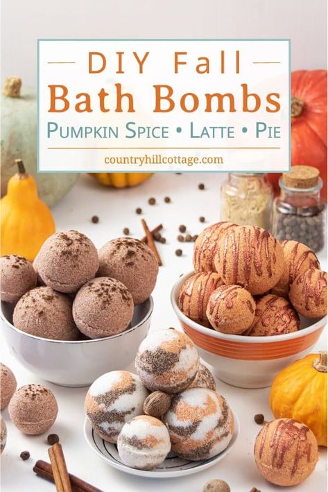 Learn how to make 3 simple natural DIY bath bomb recipes without cornstarch! Pretty pumpkin spice bath bombs have a lovely scent & create cozy fall vibes while you relax in the tub. These easy homemade bath bombs with essential oils are very fizzy and made with moisturizing ingredients that hydrate your skin while you enjoy the aromatherapy benefits. Perfect for kids & a great holiday gift idea for Halloween & Christmas. #bathbombs #aromatherapy #fall #essentialoils | countryhillcott Diy Bath Bomb, Diy Pumpkin Spice, Bombe Recipe, Aromatherapy Benefits, Homemade Bath, Bath Bomb Recipes, Bath Bomb Molds, How To Make Pumpkin, Homemade Bath Products