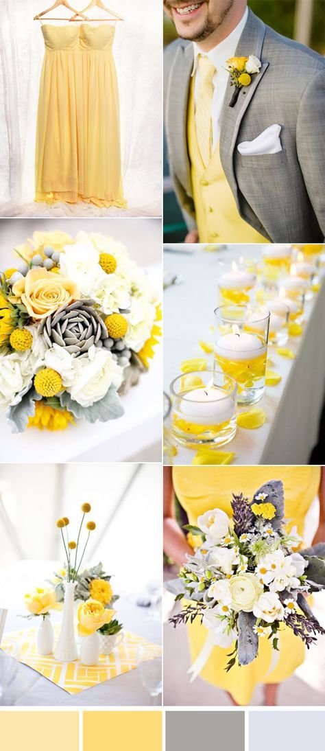 bright yellow and grey wedding colors and bridesmaid dresses Yellow Grey Weddings, Gray Wedding Colors, Yellow Wedding Theme, Wedding Color Palettes, Wedding Themes Summer, Grey Bridesmaids, Yellow Bridesmaid Dresses, Gray Wedding, Spring Wedding Colors