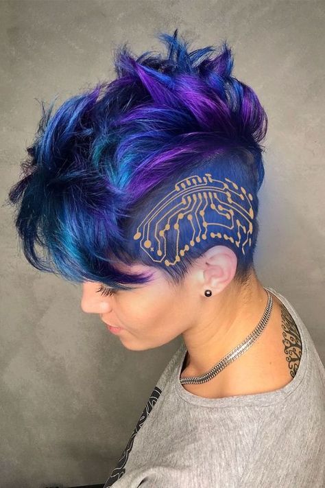 Short Undercut Colored Hair, Mohawk Hair Color Ideas, Vivid Hair Color With Dark Roots, Bright Pixie Hair, Neon Hair Color Ideas Short, Punky Haircut, Undercut Colored Hair, Pixie Dyed Hair, Fantasy Hair Color Short