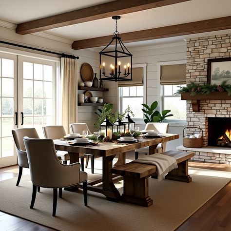 🍽️✨ Dream Dining Room Vibes! ✨🍽️ Which of these stunning dining spaces would you love to host your next gathering in? 1️⃣ Chic modern elegance with a sleek table and minimalist lighting 💡 2️⃣ Cozy farmhouse charm with rustic beams and a warm fireplace 🔥 3️⃣ Scandinavian-inspired simplicity with natural elements and bright lighting 🌿 Tell us your favorite in the comments! 💬👇 Tag someone who loves a beautiful dining space! 🖤 Stay tuned for next week’s room reveal! 🏡🌟 #SaturdayRoomPick #Drea... Dining Area With Fireplace, Dining Room Design With Fireplace, Large Dining Room With Fireplace, Couch In Dining Room, Dining Room With Fireplace Ideas, Fireplace In Dining Room, Dining Room Modern Farmhouse, Dining Room With Fireplace, Rustic Beams