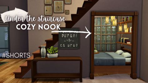 Sims 4 Cc Under Stairs, Sims 4 Under Stairs Ideas, Sims Conversation Pit, Ts4 Cc Bedding, Sims Stairs Ideas, Sims 4 Staircase Ideas, Sims 4 Nook Ideas, Sims 4 Reading Nook, Sims 4 Staircase