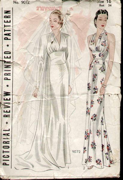 Pictorial Review 9072 Wedding Gown Evening Dress sewing pattern, circa 1930s Definitely the sleeveless!! 1930s Wedding Gown, Bridal Sewing Patterns, Vintage Antique Wedding, 1930s Wedding Dress, Evening Dress Sewing Patterns, Gown Patterns, 1930s Wedding, 1930's Style, Vintage Wedding Gowns