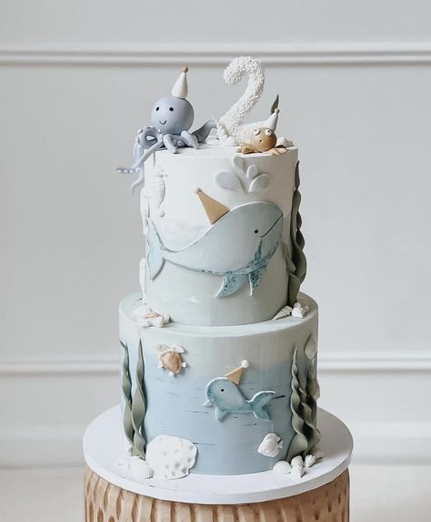 Torte Baby, Sea Animals Cake, Under The Sea Cake Ideas, Ocean Smash Cake, Cake With Sea Theme, Ocean Baby Shower Cake, Sea Animal Cake Ocean Themes, Under The Sea Cake Boy Ocean Themes, Under The Sea Fondant Cake