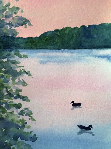 Ducks at sunset. In watercolor. FranL Watercolor Inspo Aesthetic Easy, Watercolor Inspo Landscape, Watercolor Landscape Easy Step By Step, How To Watercolor Sunset, Easy Animal Painting Ideas, Watercolour Inspiration Landscape, Easy Watercolor Paintings Tutorials, Watercolor Landscape Easy, Watercolor Landscape Paintings Easy