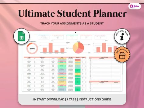 Google Sheets Templates Assignment Tracker, Homework Planner, Simple Layout, Time Tracker, Online Study, School Planner, Academic Planner, Charts And Graphs, Student Planner