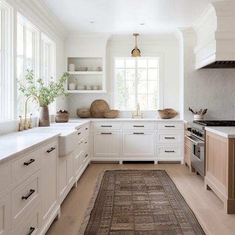 What's the best finish for white kitchen cabinets Best White Kitchen Cabinet Color, Modern Farmhouse Kitchens White Cabinets, How To Warm Up A White Kitchen, White Kitchen Black Hardware, Kitchen Hardware White Cabinets, White On White Kitchen, Kitchen No Uppers, White Modern Farmhouse Kitchen, Kitchen Beach House