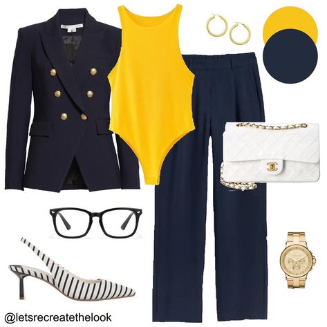 Navy x Yellow x White - 9 Outfit Ideas 💛 A bit nautical, preppy and classic all intertwined and a great combination to try for spring. Look into your closet, I’m sure you have some items in these three colors, think about how you can pair them together. This is a great way to add a pop of color! 💛 Save this post for color and style inspo!🥰 Links will be available on the blog later today. (Link in bio) Are you subscribed? 😉 #letsrecreatethelook #springstyle #outfitideas #styleinspiration #cas... Yellow And Blue Outfits Women, Blue And Yellow Outfit Ideas, Yellow And Blue Outfits, Blue And Yellow Outfit, Navy Blue Outfit, Fashionable Work Outfit, Yellow Outfit, Spring Look, Navy Suit