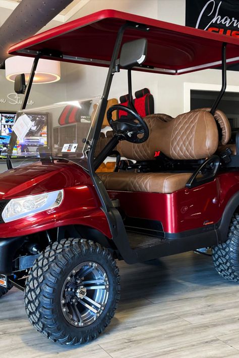 Maroon Golf Cart Red Golf Cart, Golf Cart Decorating Ideas Summer, Cool Golf Carts, Golf Cart Trailer, Lifted Golf Carts, Street Legal Golf Cart, Golf Cart Seat Covers, Custom Golf Carts, Golf Cart Seats