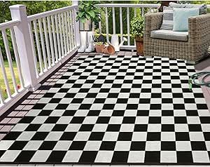 Checkered Outdoor Rug, Front Porch With Buffalo Plaid Rug, Buffalo Plaid Rug Front Porch, Black And White Checkered Rug, Black And White Checkered Outdoor Rug, Living Room Balcony, 5x7 Area Rug, Patio Rugs, Living Room Carpet