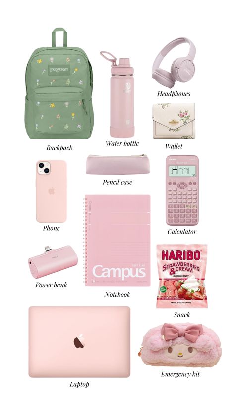 College Essentials Supplies School Stuff, Cottagecore School Supplies, College Supplies Aesthetic, College School Supplies Aesthetics, School Supplies College, Pink College Aesthetic, Mochila Aesthetic, Pink School Supplies Aesthetic, Coquette School Supplies