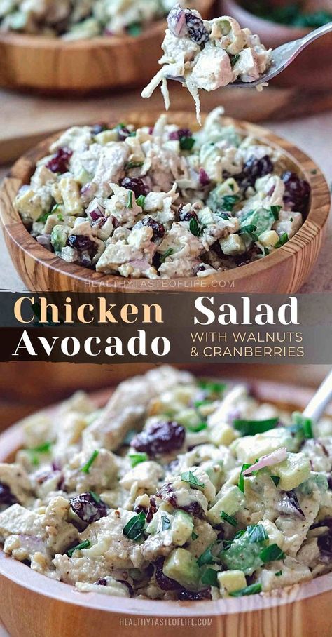 chicken salad with avocado Chicken Walnut Salad, Cranberry Walnut Chicken Salad, Chicken Salad With Avocado, Mspi Recipes, Unprocessed Recipes, Walnut Chicken Salad, Dairy Free Appetizers, Dairy Free Salads, Walnut Chicken