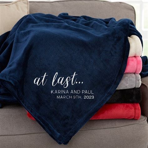 Personalized with choice of thread colorEmbroidered with the couple's names and special date  100% polyesterMachine washMeasures 50" W x 60" LImported  The At Last...Personalized Fleece Throw makes a truly special gift for your significant other or newlywed couple in your life. Embroidered Fleece Blanket, Snuggie Blanket, Personalization Mall, Buy Stamps, Navy Blanket, Wedding Initials, Show White, Red Fleece, Fleece Blankets