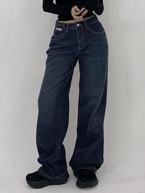 Women Front Button Closure Multi-Pocket Simple Baggy Jeans, Casual Daily Wear Medium Wash Casual   Denim Plain Wide Leg Non-Stretch  Women Clothing, size features are:Bust: ,Length: ,Sleeve Length: Baggy Jeans Outfit Women, Baggy Jeans Women, Skater Fit, Baggy Jeans Outfit, Jeans Outfit Women, Jeans Casual, Long Sleeve Flannel, Women Denim Jeans, Baggy Jeans