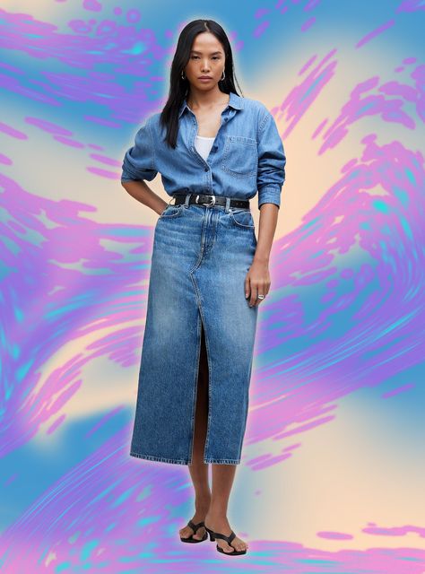 25 Trendy Denim Skirts To Slip Into This Season+#refinery29 Maxi Denim Skirts, Denim Skirt Trend, Trendy Denim, Skirt Trends, Denim Maxi Skirt, Denim Skirts, Fashion Board, White Maxi, Jeans Rock