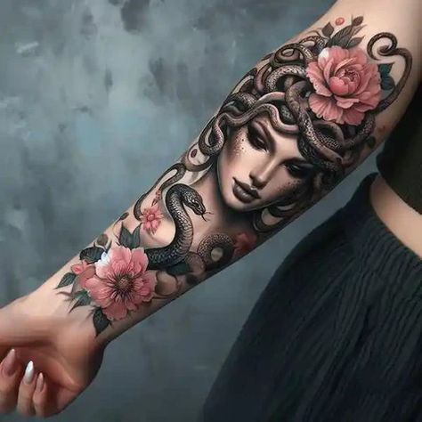 Medusa Tattoo Arm Sleeve, Fairy Chest Tattoo, Medusa Sleeve Tattoos For Women, Medusa Tattoo With Flowers, Medusa Tattoo Design For Women, Beautiful Medusa Tattoo, Medusa Sleeve Tattoo, Medusa Sleeve, Medusa Tattoos