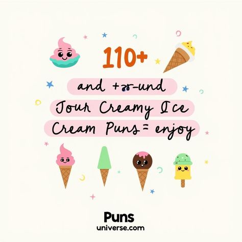 Scoop up some fun with our delightful collection of 110+ cool and creamy ice cream puns! Whether you're looking to sprinkle extra humor on your day or churn out some giggles, these puns are simply the cherry on top. Perfect for sharing with friends or enjoying when you're in the mooo-d for a laugh! Get ready to melt into a world of wit and whimsy. Don't waffle, just dive right in! 🍦✨ #puns #IceCreamLovers #PunFun #SweetLaughs #DessertHumor #SummerVibes #LaughOutLoud #DeliciouslyFunny #PunLovers #IceCreamPuns Train Puns, Ice Cream Puns, Flower Puns, Pizza Puns, Creamy Ice Cream, Love Puns, Make Ice Cream, Rocky Road, Ice Cream Truck