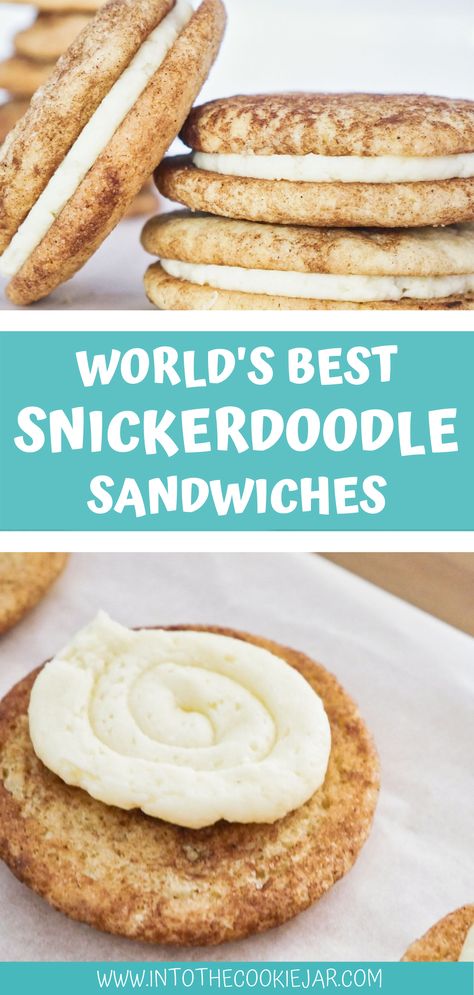 These are the most amazing snickerdoodle sandwiches, filled with sweet buttercream frosting and sandwiched between a cinnamon and sugar cookie.   Use a piping bag to pipe the icing on and then squish the cookies together in this amazing snickerdoodle sandwich recipe. This is one of the most incredible dessert recipes. Snickerdoodle Cookie Sandwich, Cake Mix Cookie Sandwiches, Snickerdoodle Sandwich Cookies, Sweet Buttercream Frosting, Recipes To Make With Kids, Chewy Snickerdoodle Cookies, Holiday Cake Recipes, Cookie Sandwich Recipes, Cookie Sandwiches