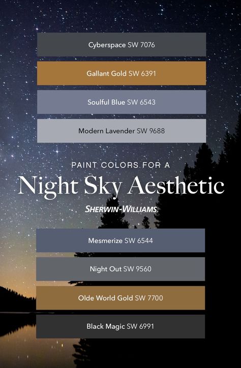 Starless Night Behr Paint Color Palettes, Night Sky Paint Color, Night Garden Color Palette, Stary Night Color Pallete, Celestial Paint Color, The Night Sky Aesthetic, Stars Color Palette, Night Sky Color Palette, Sherwin Williams Aesthetic