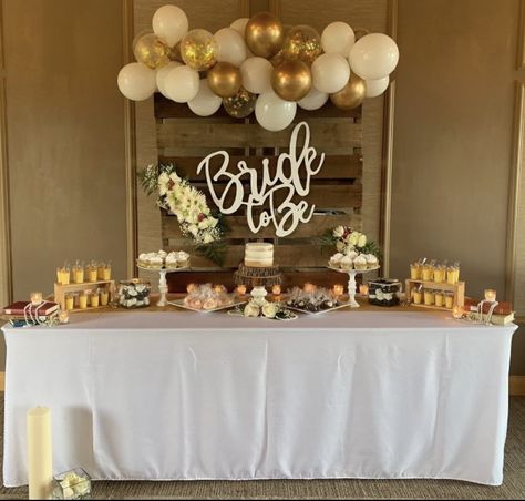 Pinterest inspiration brought to life. Pallet/skid, wooden letters, balloons, flowers, candles and of course the deserts. Bridal Shower Inspo, Fiesta Bridal Shower, Simple Bridal Shower, Bridal Shower Backdrop, White Bridal Shower, Elegant Bridal Shower, Wedding Dessert Table, Wedding Table Plan, Bridal Shower Brunch