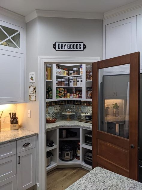 Corner Kitchen Pantry, Pantry Renovation, Pantry Closet Design, House Pantry, Corner Pantry, Pantry Remodel, Kitchen Pantry Design, Pantry Door, Pantry Design