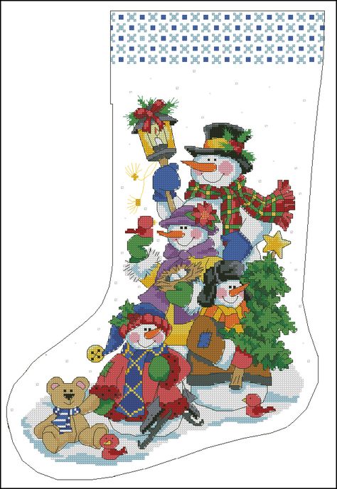 Christmas stocking Snowmen with toys. Pattern Name: Christmas stocking Snowmen with toys Fabric: Aida 14, White 150w X 222h Stitches Size(s): 14 Count Cross Stitch Stocking, Cross Stitch Christmas Stockings, Vintage Cross Stitch Pattern, Christmas Stocking Pattern, Cross Stitch Christmas, Stocking Pattern, Card Pattern, Stitch Christmas, Motif Vintage