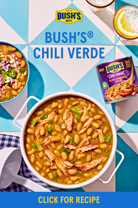 Chili Verde: Quick, flavorful, and made magically fast with Bush's® Slow-Simmered White Chili Starter. Perfect for a family dinner in 30 minutes 🥣✨ Best Green Chili Stew, New Mexican Green Chili Stew, Pork Chili Verde Crock Pot Green Chile Stew, Crockpot 15 Bean Soup, Vegan Green Chili Soup, Chili Magic, Rudy’s Green Chili Stew, Chili Starter, Mexican Dinners