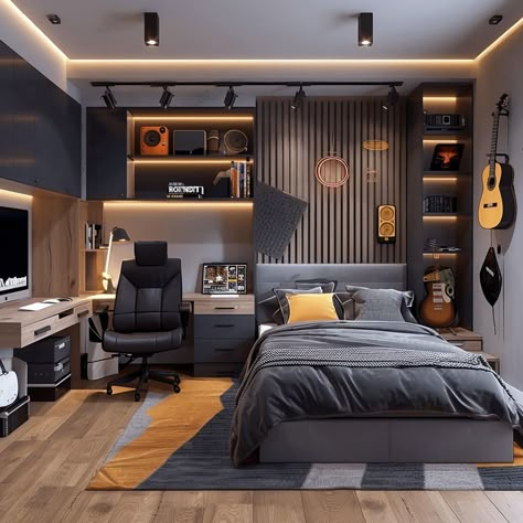 Son Room Design Modern, Bedroom Study Table Ideas, Mens Wardrobe Design, Acoustic Wall Panels Bedroom, Boys Bedroom Desk Ideas, Boy Teen Bedroom Ideas, Bedroom Teen Boy, Gamer Boy Bedroom Ideas, Cool Teen Boy Room