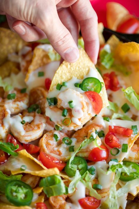 Shrimp Nachos - Peas and Crayons Recipes Seafood Nachos Recipe, Shrimp Ideas, Seafood Nachos, Greek Yogurt Guacamole, Shrimp Nachos, Red Lobster Shrimp, Seasoned Shrimp, Ham Sliders, Lazy Dinners