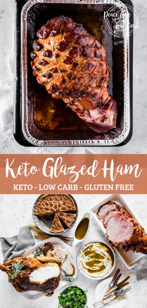 This Keto Glazed Ham is the perfect blend of sweet and salty. It will make the perfect addition to your holiday table - Easter, Thanksgiving, Christmas, you name it! | Peace Love and Low Carb Keto Glazed Ham, Easter Recipes Dinner, Keto Meats, Low Carb Thanksgiving Recipes, Keto Basics, Thanksgiving Ham, Keto Easter, Keto Brunch, Peace Love And Low Carb