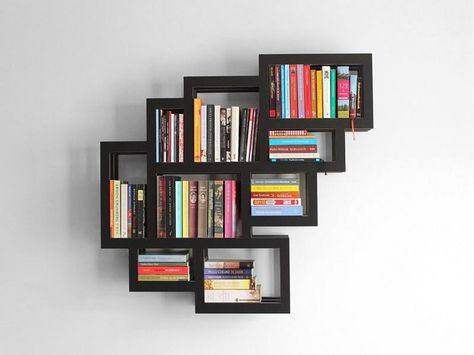 Wall Bookshelf Ideas, Wall Hanging Bookshelf, Bookshelf Accessories, Hanging Bookshelves, Bookshelf Plans, Wall Mounted Bookshelves, Bookcase Design, Black Shelves, Wall Shelves Design