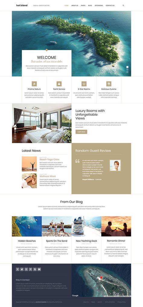 The Hot #Island is #responsive #travel #Joomla! template appropriate for websites of #hotels, #resorts and touristic destinations. The boxed layout of this template as well as the fonts selection highlight the luxury and elegance of the travel destination. Gold Website Design, Resort Website, Vacation Rental Website Design, Tourism Website Design Layout, Luxury Travel Website Design, Beach Resort Website Design, Hotel Website Design Luxury, Hotel Website Design, Travel Agency Website