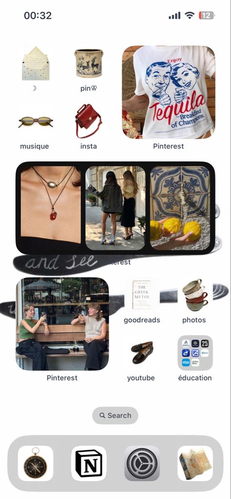 Cool Iphone Screen Layout, Calm Phone Theme, Retro Homescreen Layout, Ios Iphone Layout, Vintage Homescreen Layout, Phone Wallpaper Inspo Widgets, Ios 16 Home Screen Ideas Spring, Iphone Lockscreen Design, Homescreen Ios Ideas